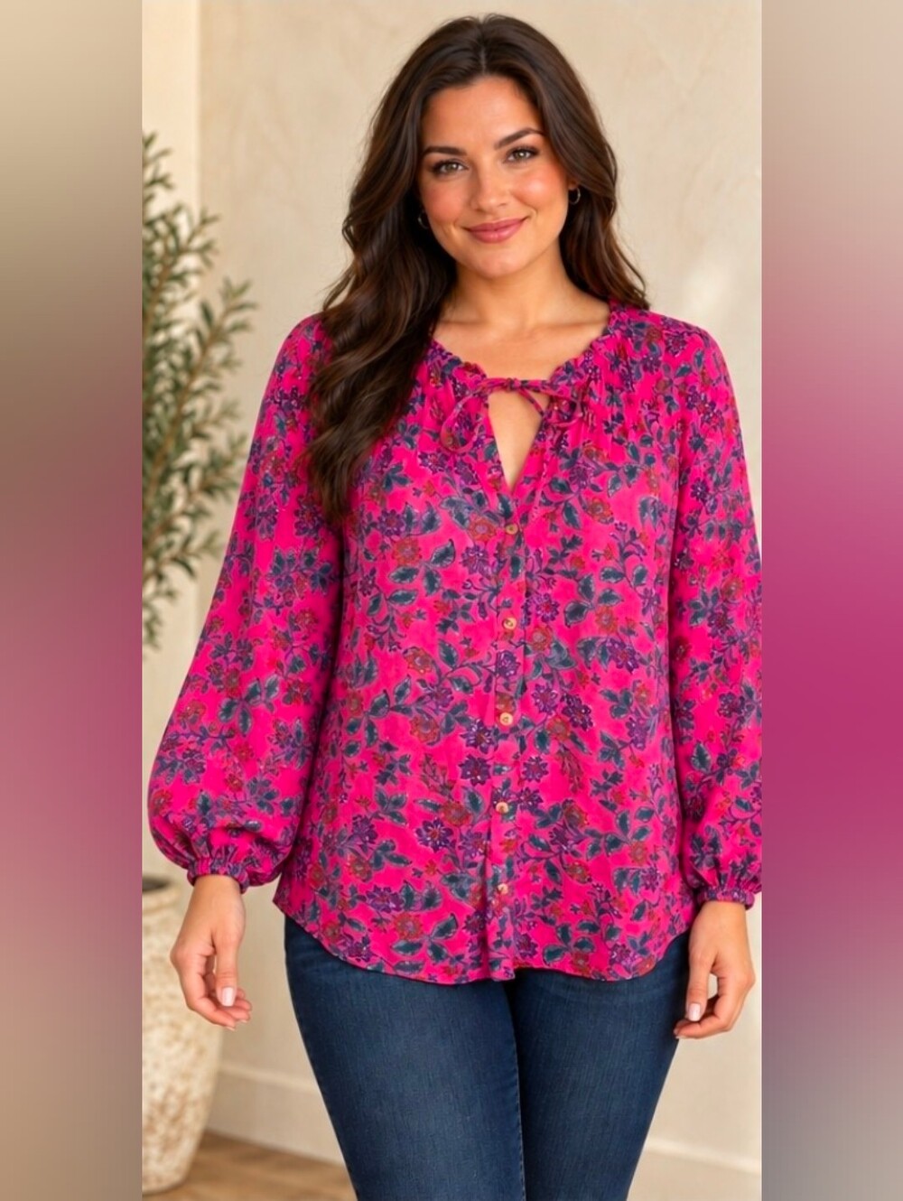 Maeve Anthropologie Pink Floral Boho Button-Up Blouse
